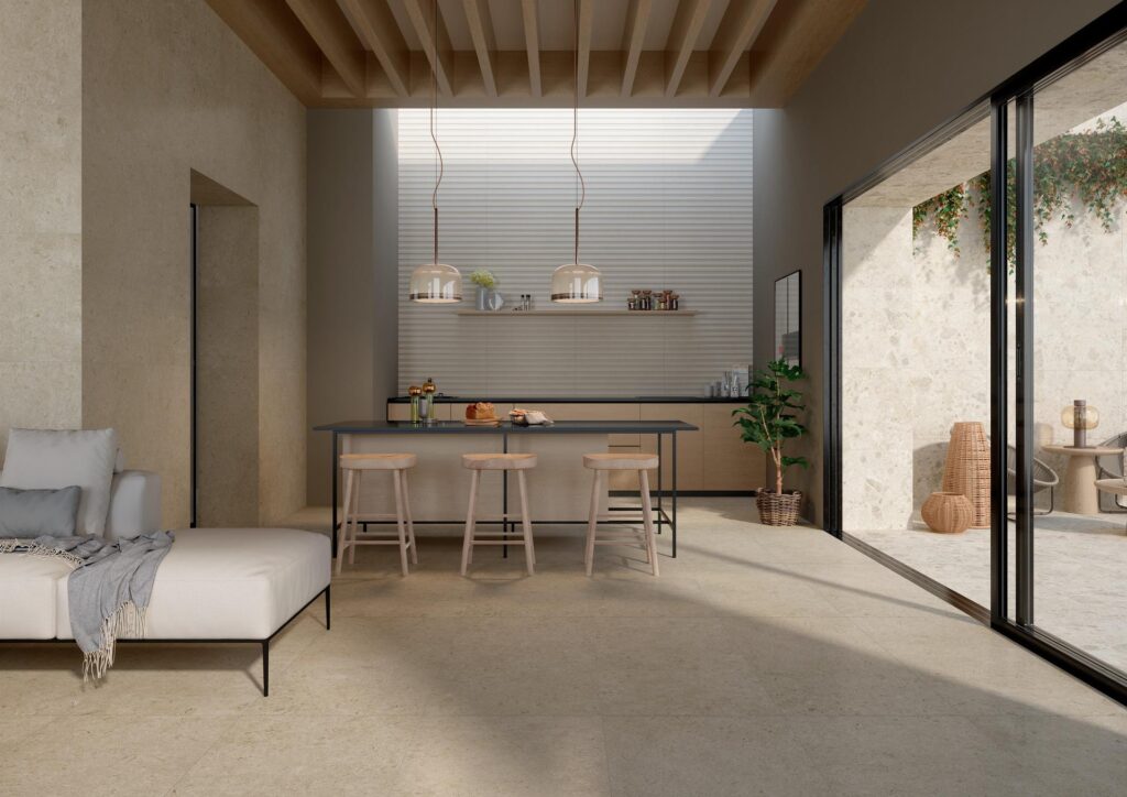 zona giorno con piastrelle effetto pietra con Puro Antibacterial