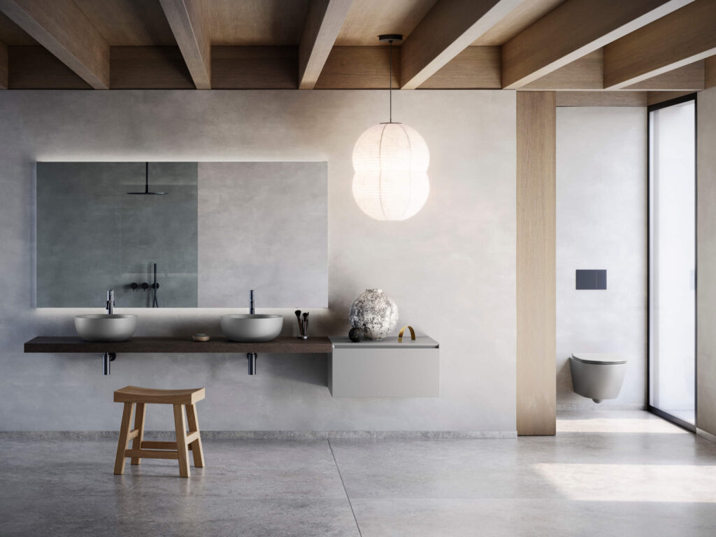 Bagno di design con lavabi sanitari di lusso color grigio cemento 